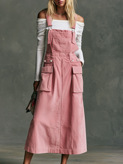 Retro Casual Pink Corduroy Overalls Midi Dress