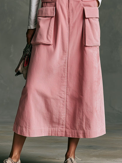 Retro Casual Pink Corduroy Overalls Midi Dress