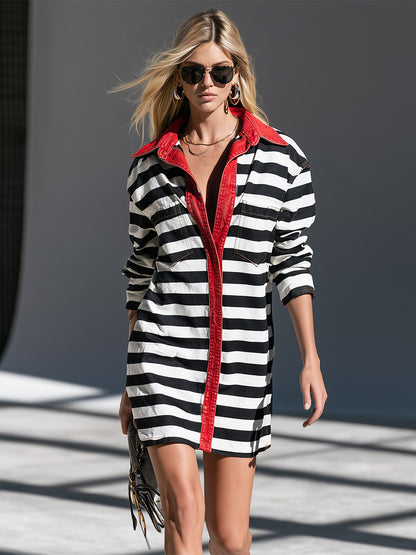 Chic Casual Color-Block Trim Black &amp; White Striped Denim Mini Dress