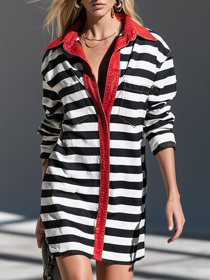 Chic Casual Color-Block Trim Black &amp; White Striped Denim Mini Dress