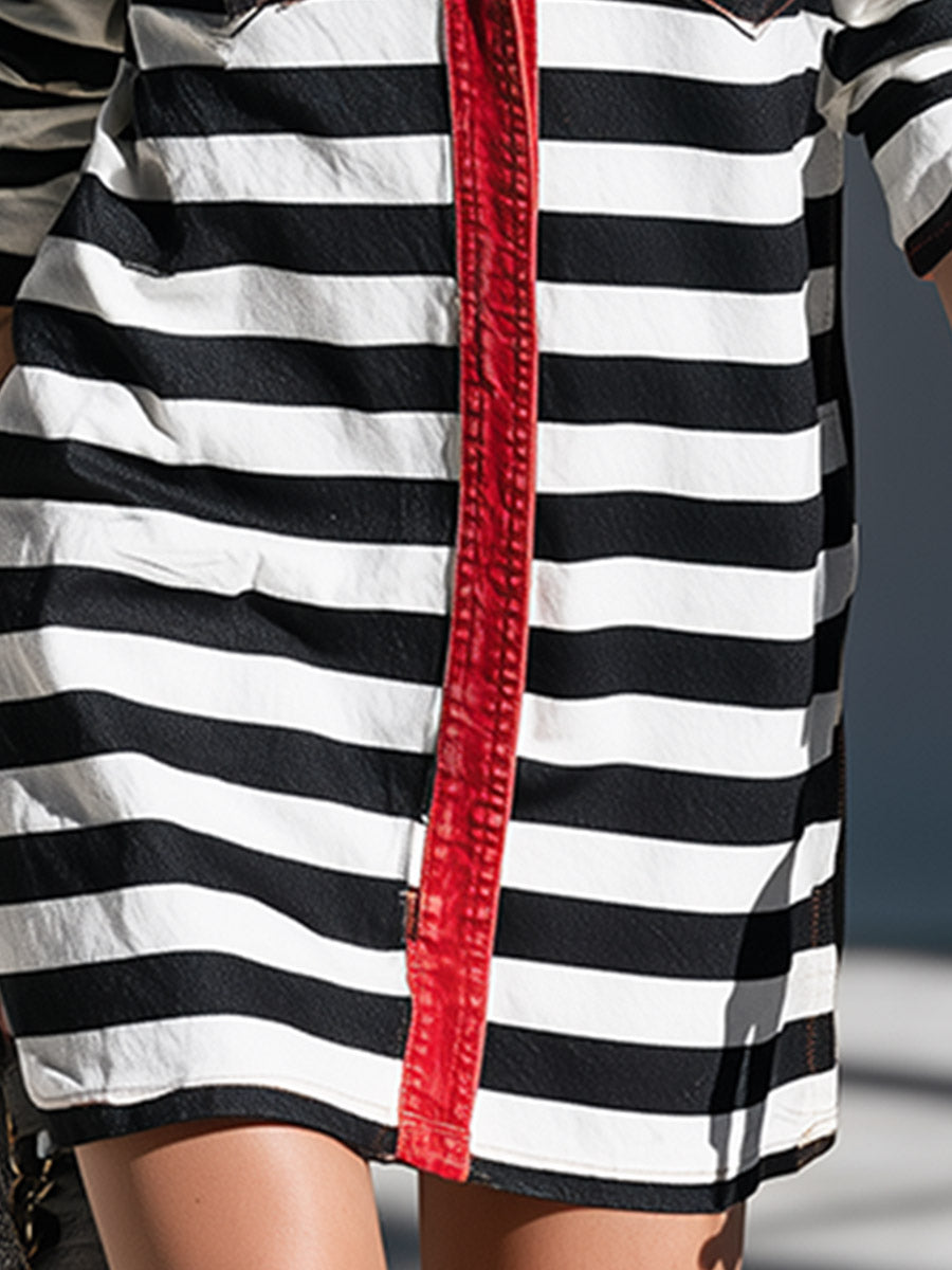 Chic Casual Color-Block Trim Black &amp; White Striped Denim Mini Dress