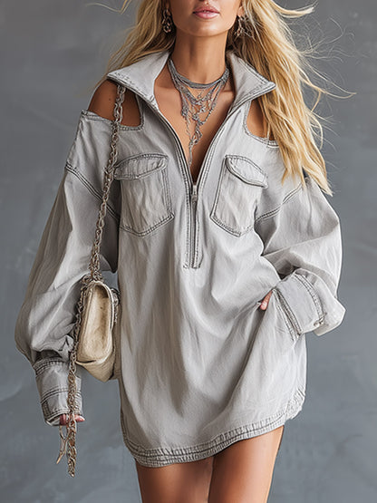 Casual-Chic Off-Shoulder Grey-White Denim Long-Sleeve Mini Dress