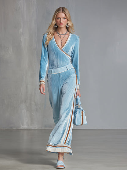 Elegant Everyday Striped-Trim Light Blue Textured Velvet Shirt &amp; Wide-Leg Pants Set