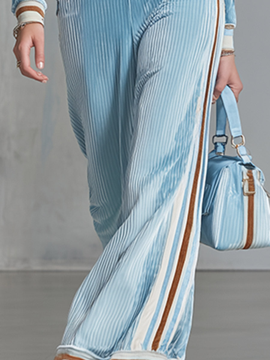 Elegant Everyday Striped-Trim Light Blue Textured Velvet Shirt &amp; Wide-Leg Pants Set