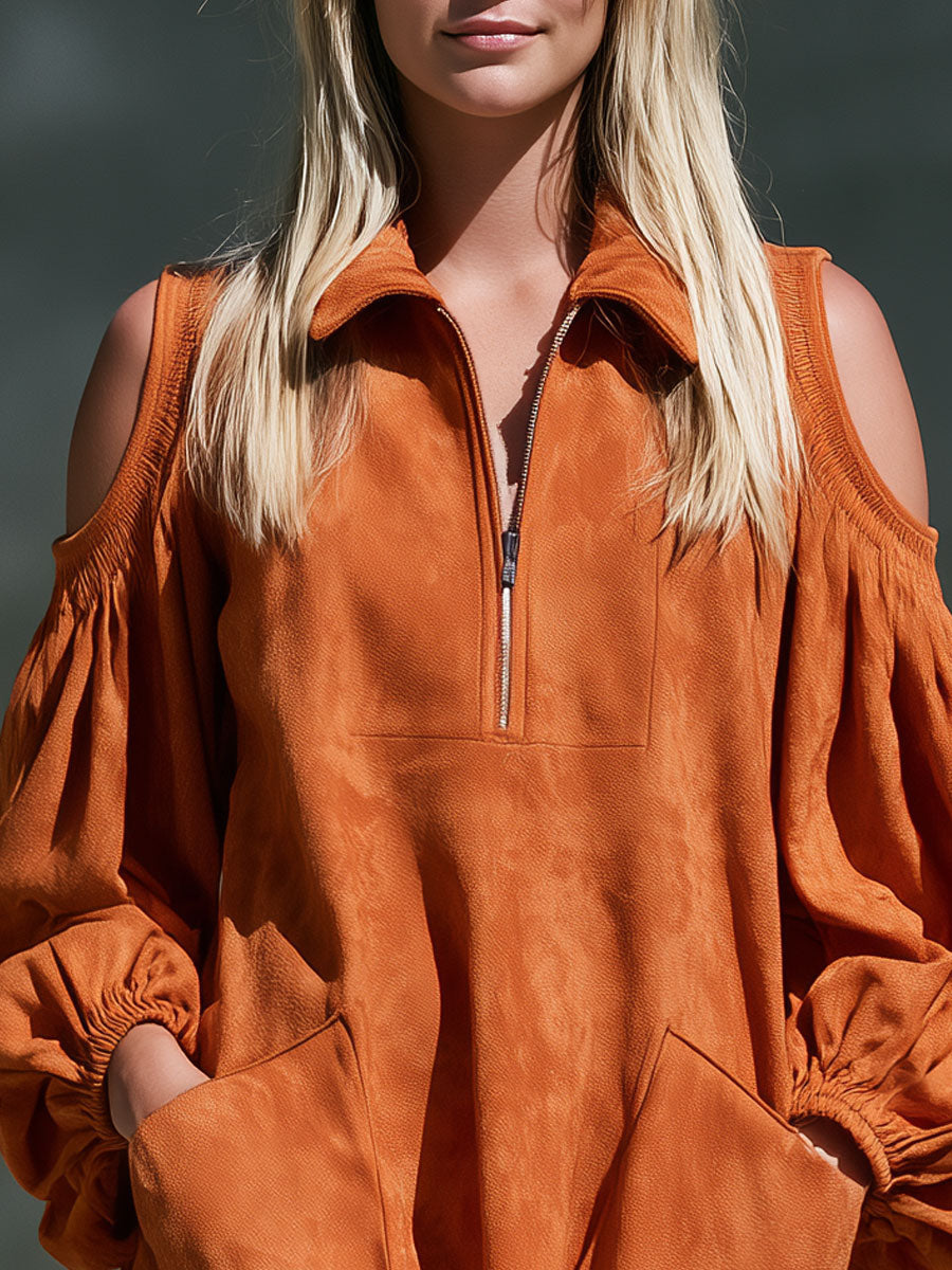Retro Orange Long-sleeved Off-shoulder Lapel Zipper Tassel Faux Suede Mini Dress