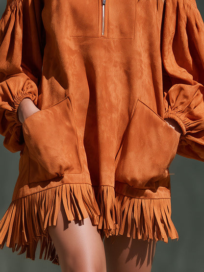 Retro Orange Long-sleeved Off-shoulder Lapel Zipper Tassel Faux Suede Mini Dress