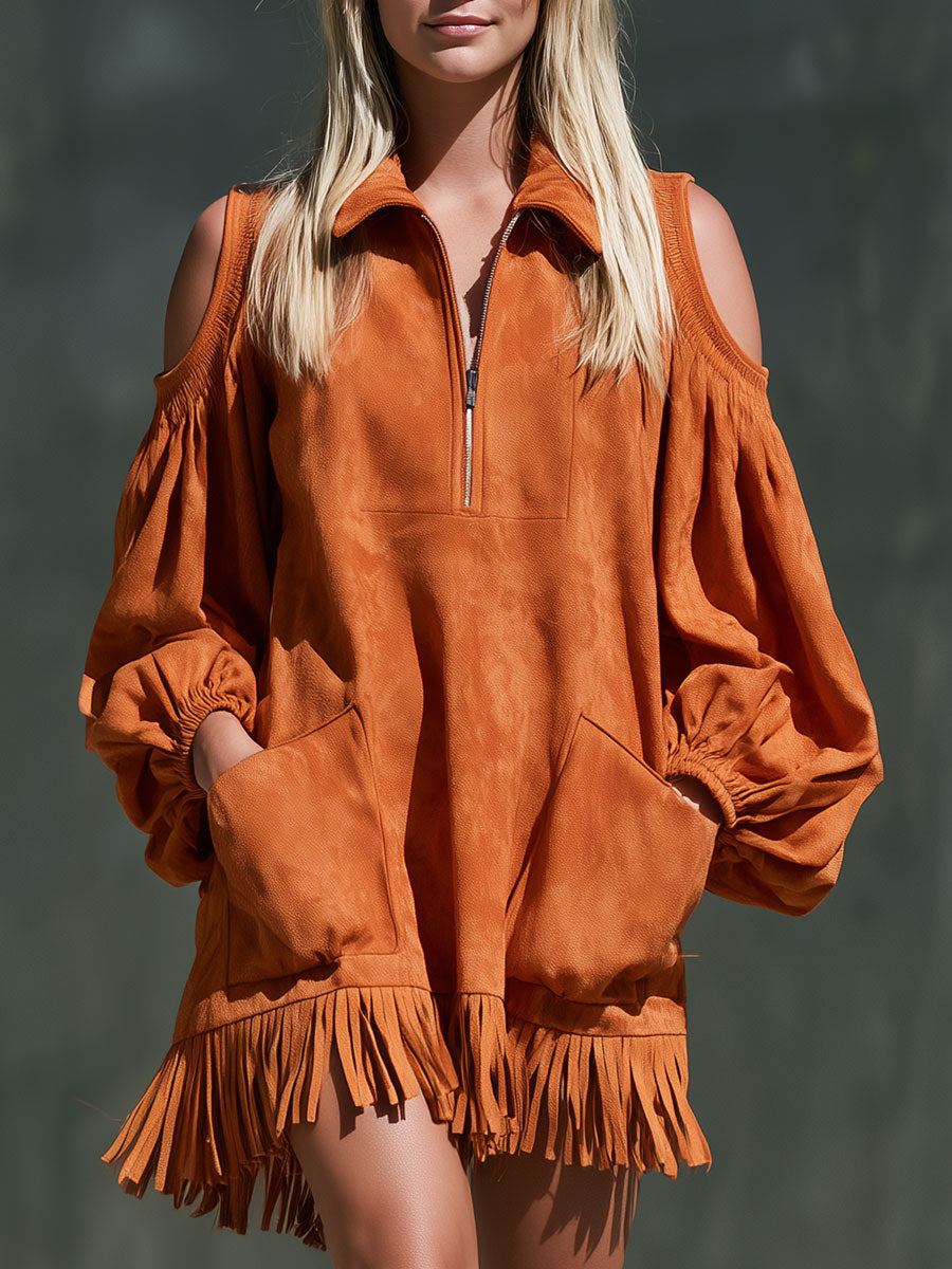 Retro Orange Long-sleeved Off-shoulder Lapel Zipper Tassel Faux Suede Mini Dress