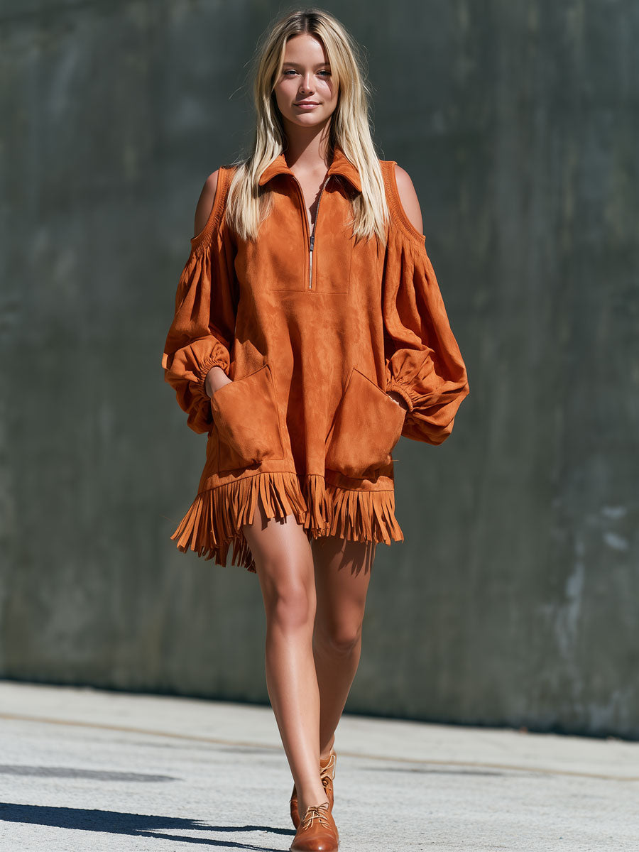 Retro Orange Long-sleeved Off-shoulder Lapel Zipper Tassel Faux Suede Mini Dress