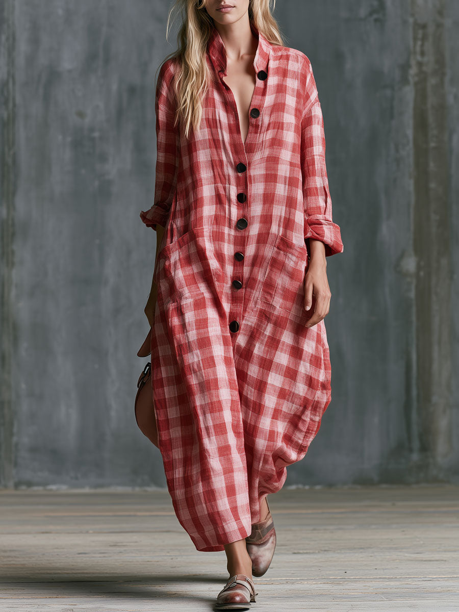 Casual Retro Red Plaid Long-sleeved Button Cotton Maxi Dress