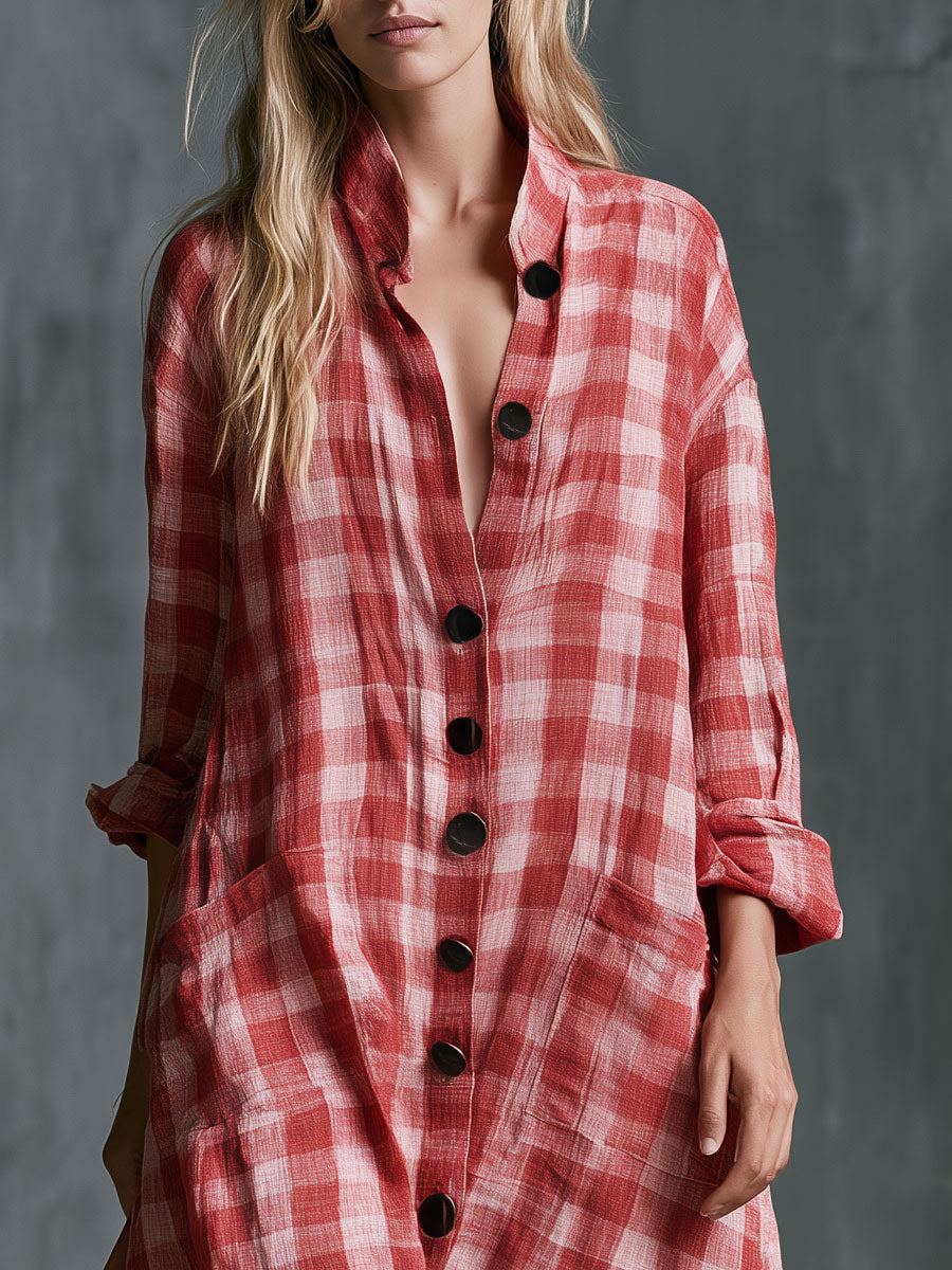 Casual Retro Red Plaid Long-sleeved Button Cotton Maxi Dress