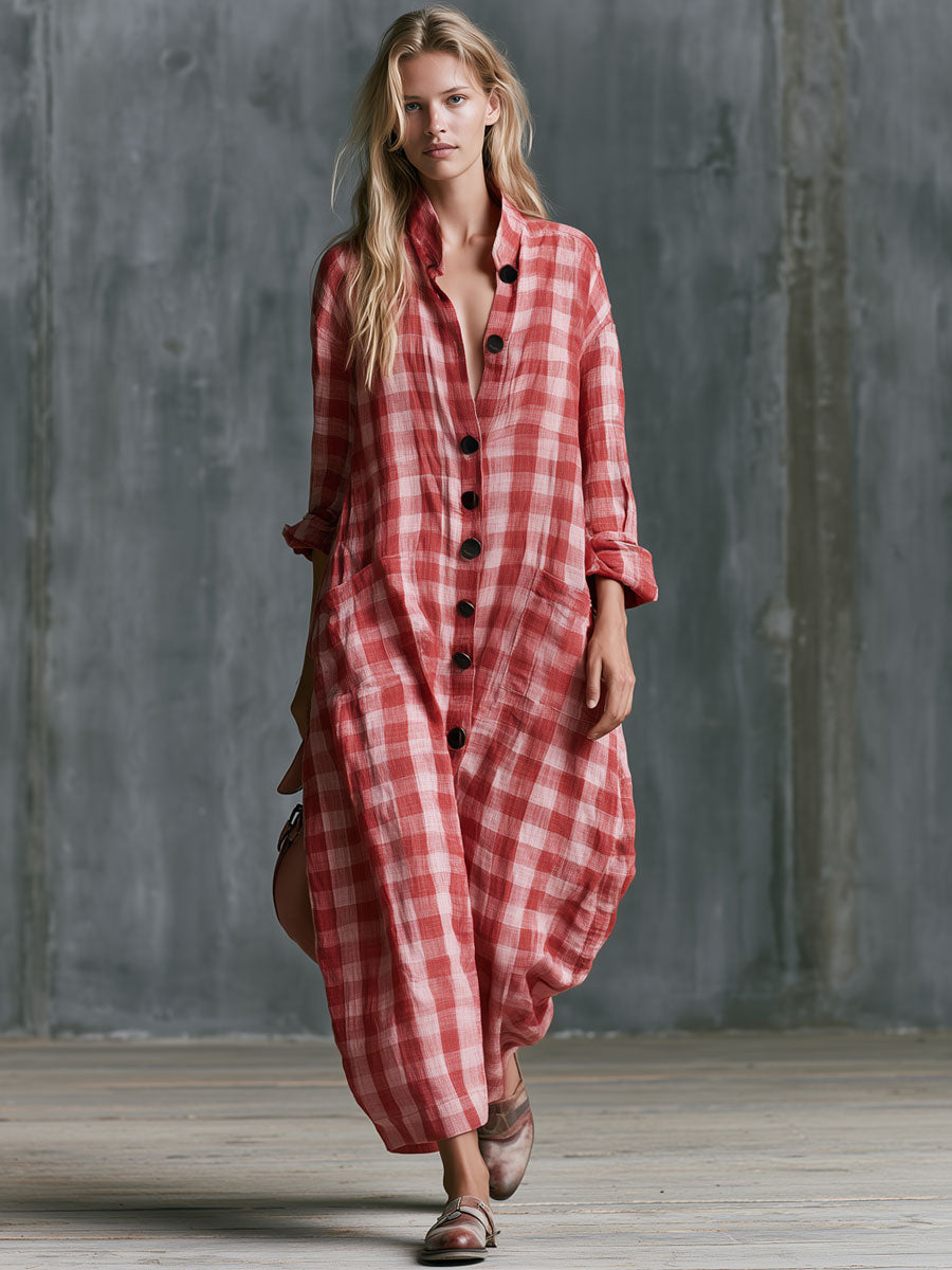Casual Retro Red Plaid Long-sleeved Button Cotton Maxi Dress
