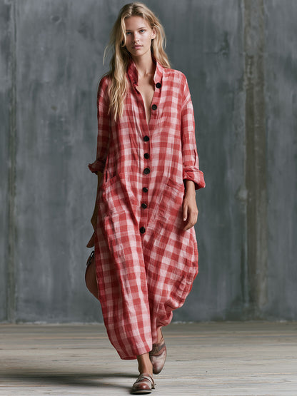 Casual Retro Red Plaid Long-sleeved Button Cotton Maxi Dress
