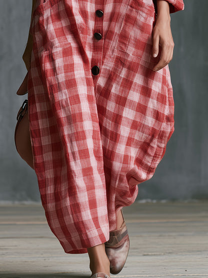 Casual Retro Red Plaid Long-sleeved Button Cotton Maxi Dress