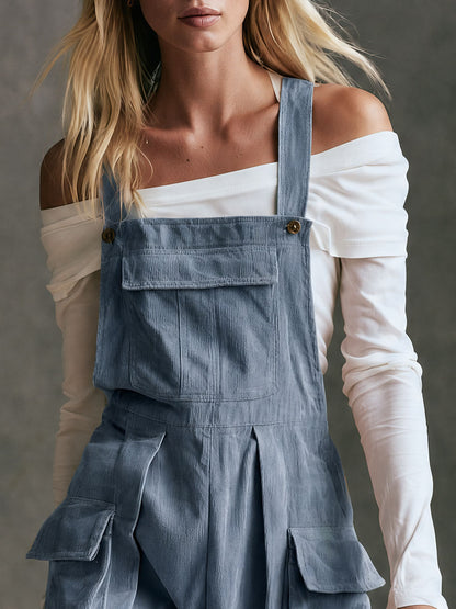 Casual Retro Blue Corduroy Overalls