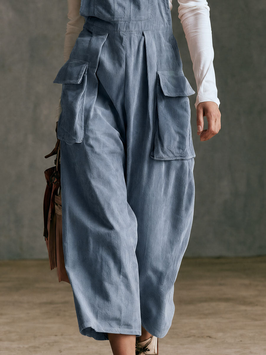 Casual Retro Blue Corduroy Overalls