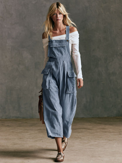 Casual Retro Blue Corduroy Overalls