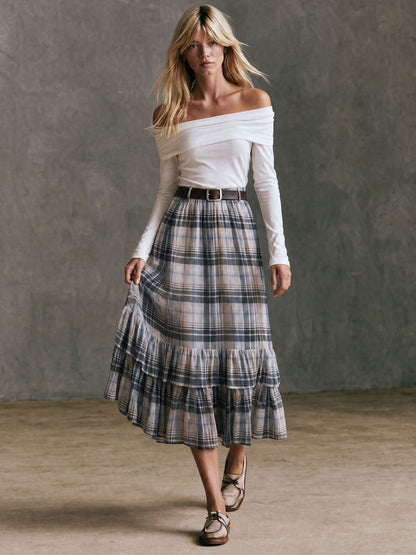 Western Retro Belted Plaid Chiffon Midi Skirt