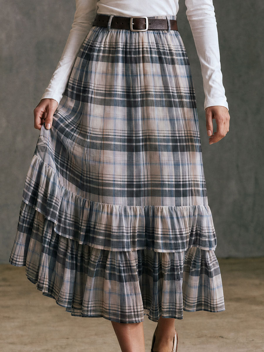 Western Retro Belted Plaid Chiffon Midi Skirt