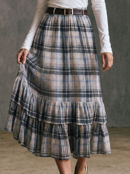 Western Retro Belted Plaid Chiffon Midi Skirt