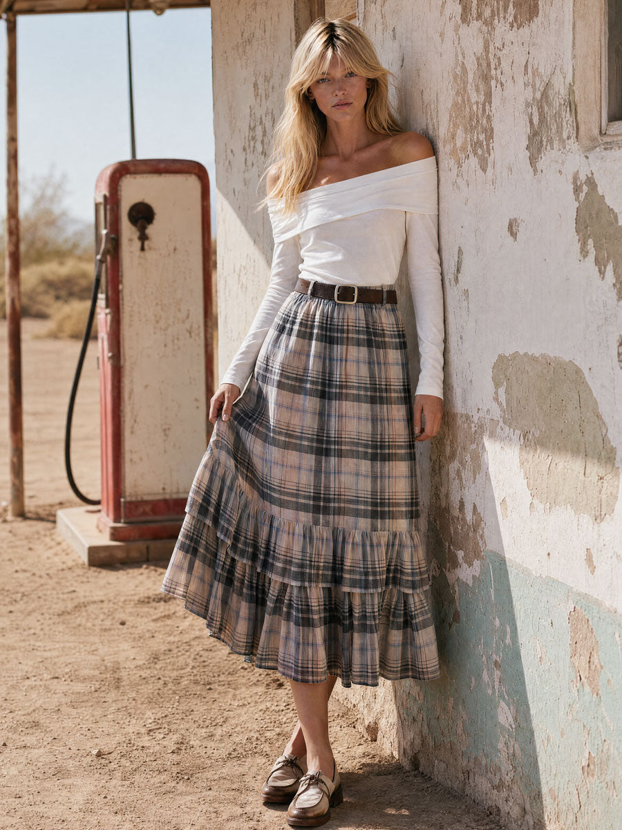 Western Retro Belted Plaid Chiffon Midi Skirt