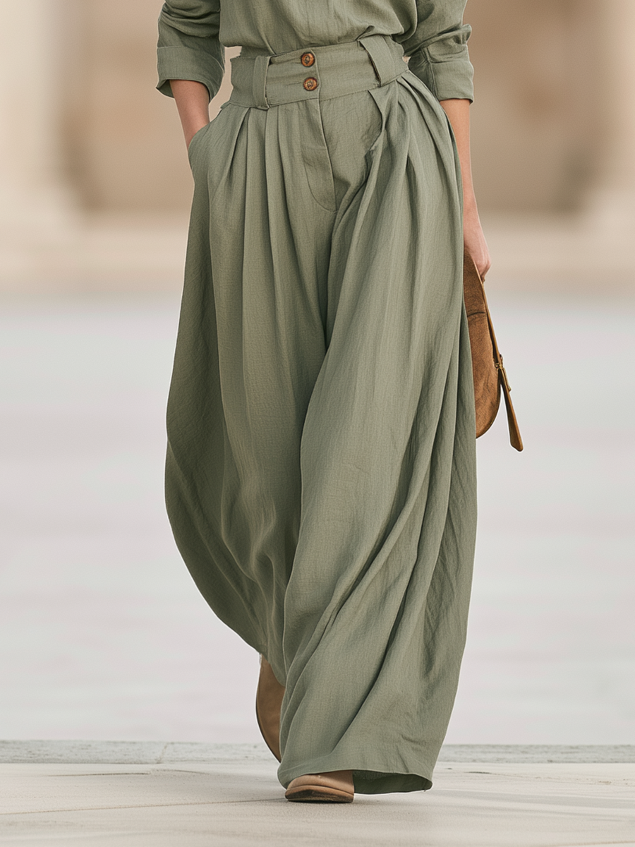 Retro-chic Green Long-sleeve Top And Trousers Set