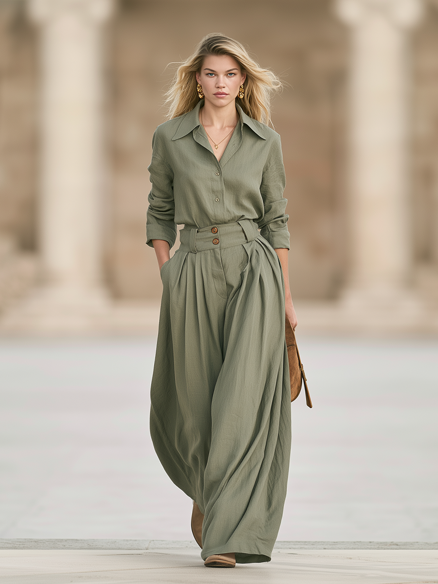 Retro-chic Green Long-sleeve Top And Trousers Set
