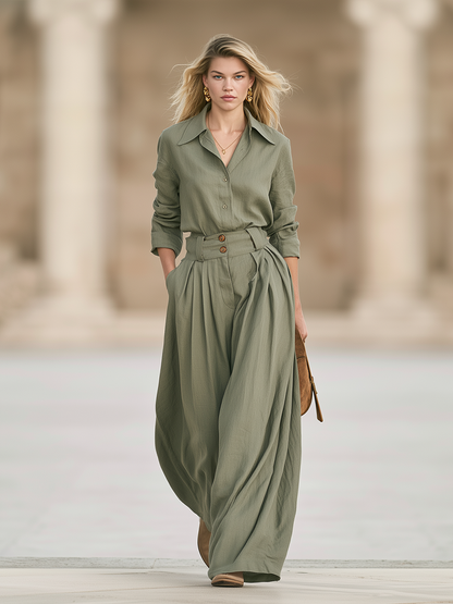 Retro-chic Green Long-sleeve Top And Trousers Set
