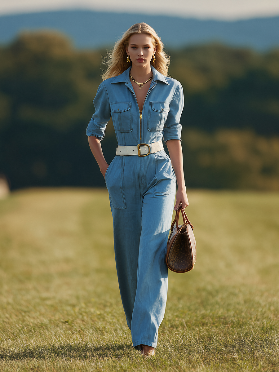 Retro-casual Western-style Blue Jumpsuit Set