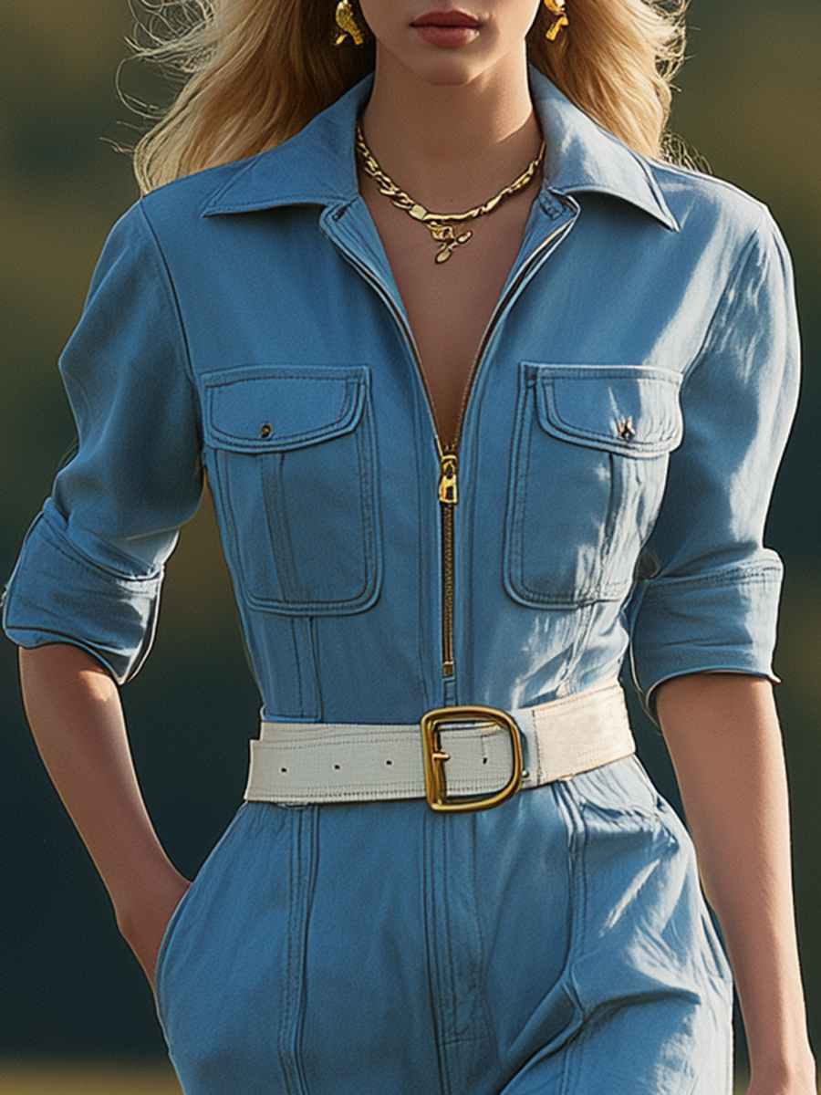 Retro-casual Western-style Blue Jumpsuit Set