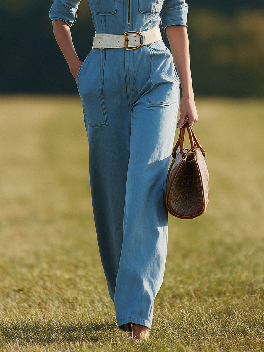Retro-casual Western-style Blue Jumpsuit Set