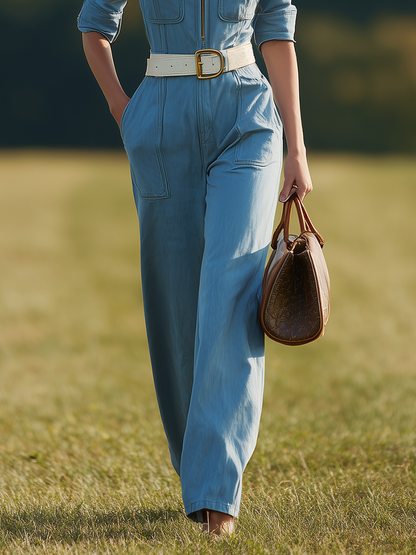 Retro-casual Western-style Blue Jumpsuit Set