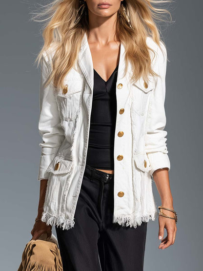 Western White Denim Gold-Button Frayed-Hem Utility Pocket Oversized Jacket