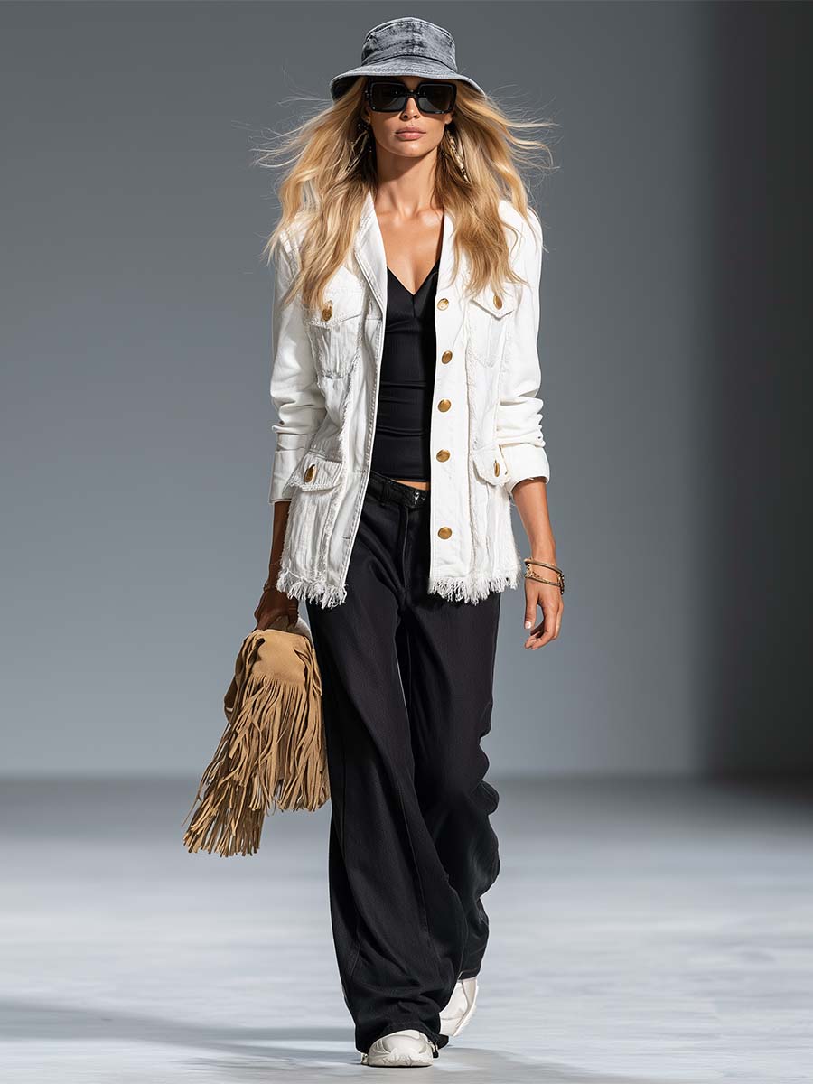 Western White Denim Gold-Button Frayed-Hem Utility Pocket Oversized Jacket