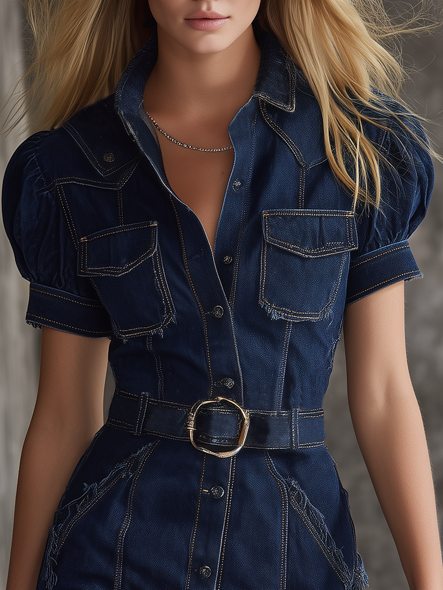 Western Retro Puff Sleeve Frayed Waist Fitted Pocket Short-Sleeve Denim Dress