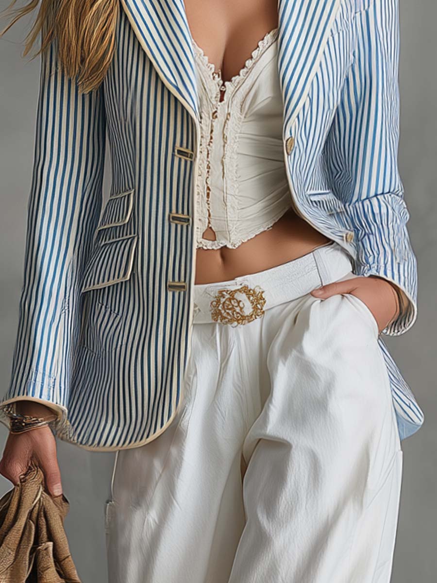 Coastal Blue White Striped Notch-Lapel Single-Breasted Fitted Tailored Blazer