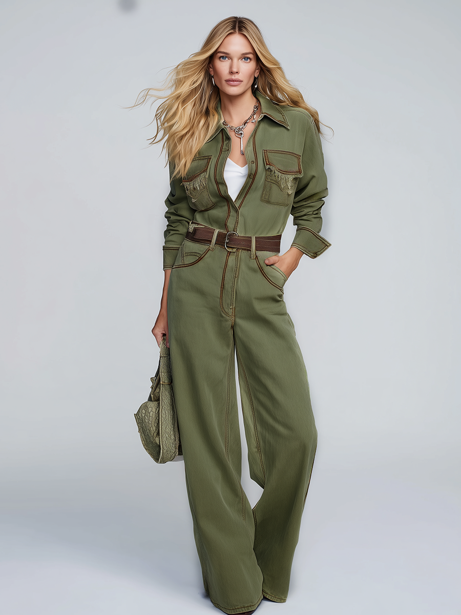 Retro Western Olive Green Button-down Jumpsuit With Fringed Pockets And Wide-legged Trousers.