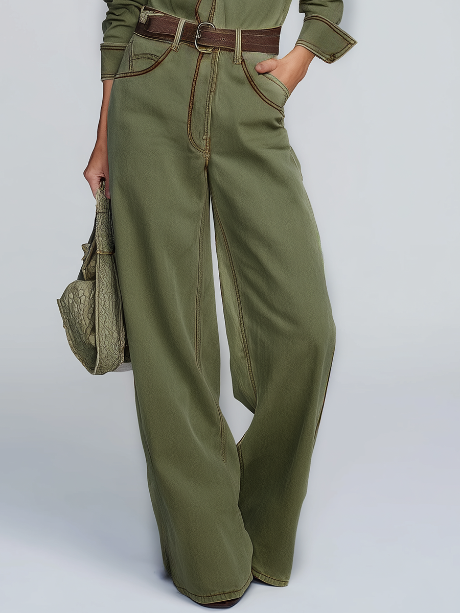 Retro Western Olive Green Button-down Jumpsuit With Fringed Pockets And Wide-legged Trousers.