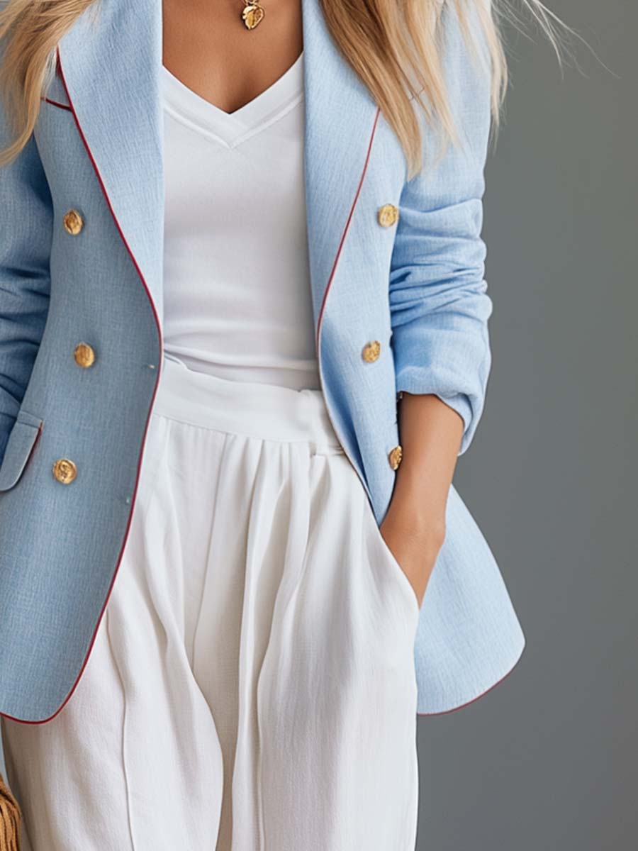 Vintage Sky Blue Linen-Blend Double-Breasted Blazer