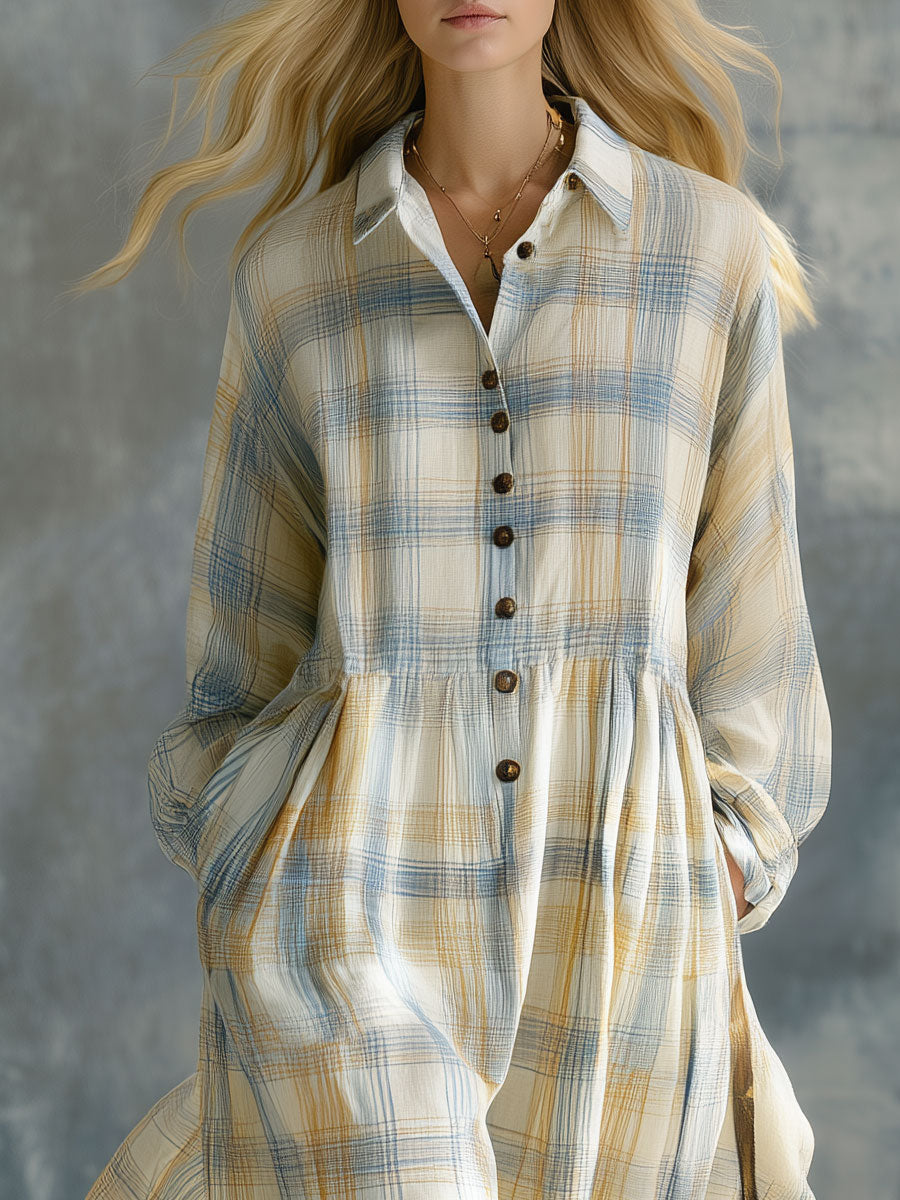Casual Retro Collared Button Long-sleeved Plaid Cotton Maxi Dress