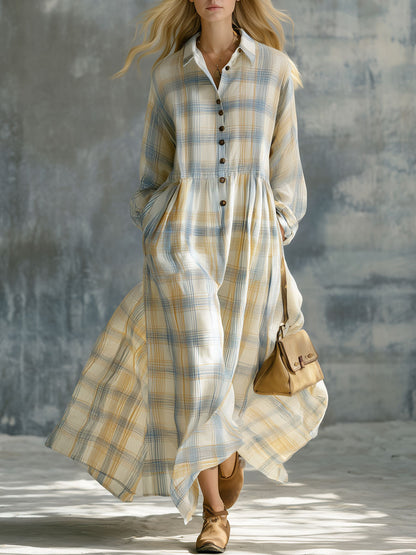 Casual Retro Collared Button Long-sleeved Plaid Cotton Maxi Dress