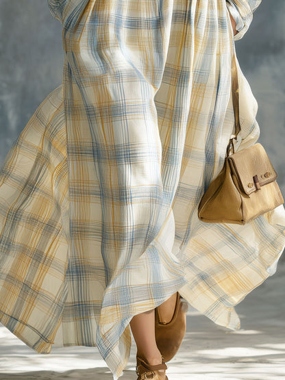 Casual Retro Collared Button Long-sleeved Plaid Cotton Maxi Dress