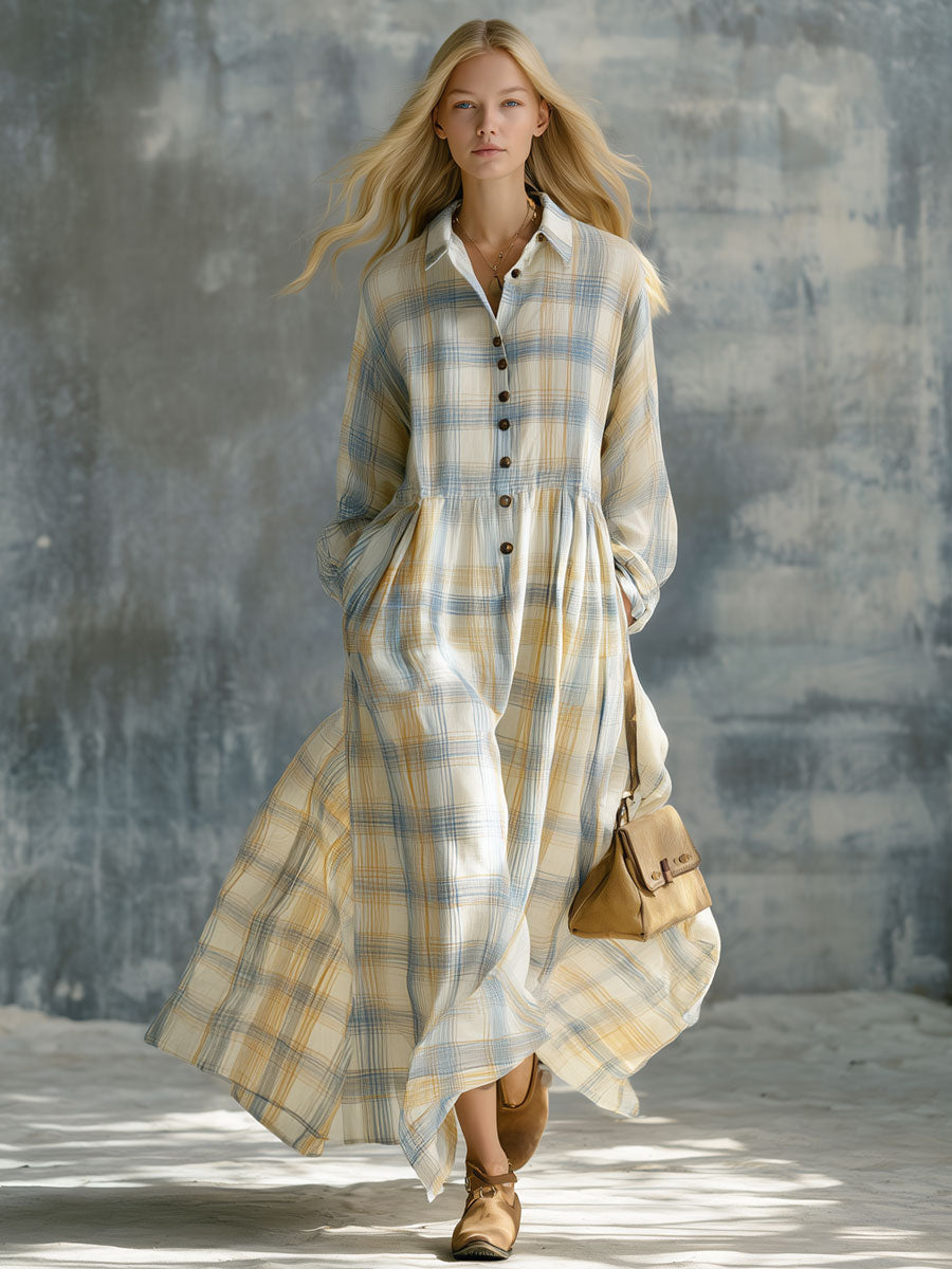 Casual Retro Collared Button Long-sleeved Plaid Cotton Maxi Dress