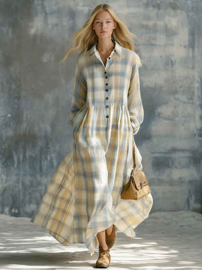 Casual Retro Collared Button Long-sleeved Plaid Cotton Maxi Dress