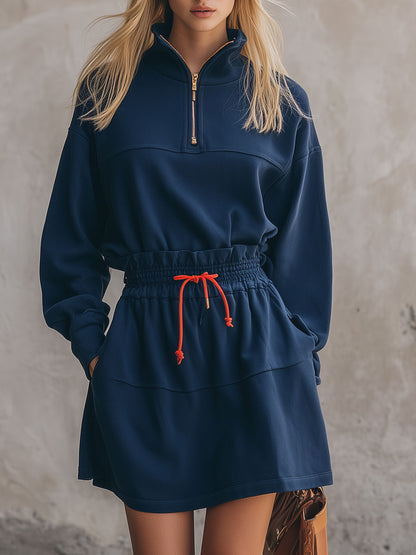 Casual Retro Color-blocked Drawstring Blue Stand Collar Half-zip Mini Dress