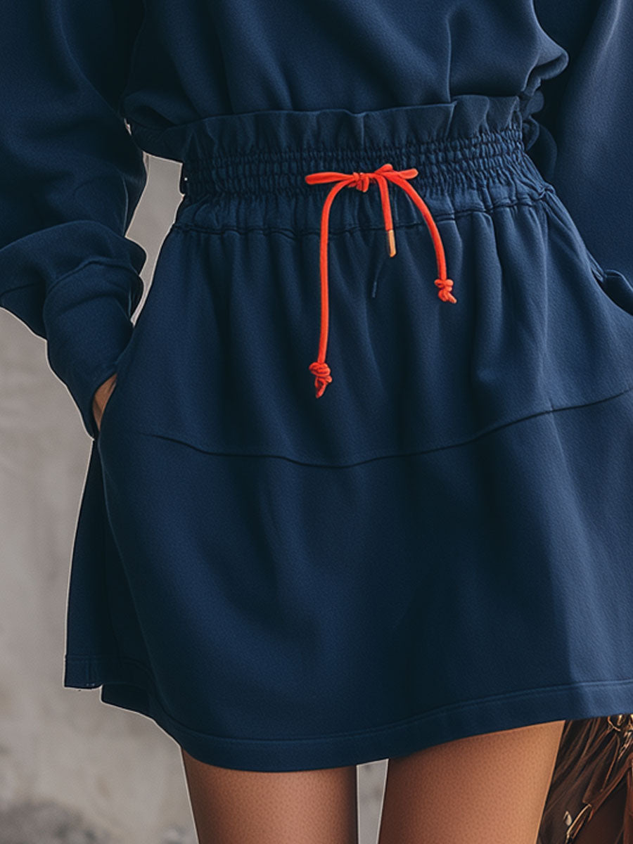 Casual Retro Color-blocked Drawstring Blue Stand Collar Half-zip Mini Dress