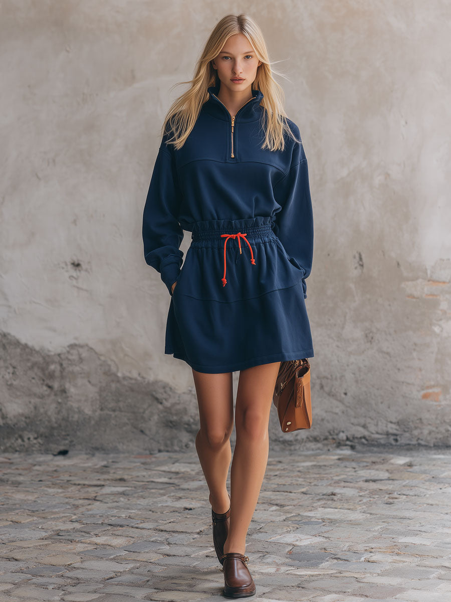 Casual Retro Color-blocked Drawstring Blue Stand Collar Half-zip Mini Dress