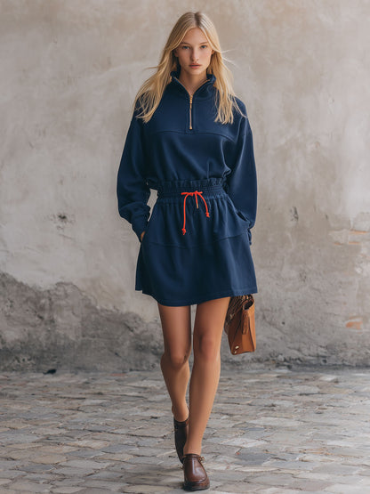 Casual Retro Color-blocked Drawstring Blue Stand Collar Half-zip Mini Dress