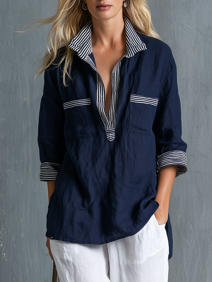 Casual Retro-style Blue Cotton-linen Shirt With Contrasting Trim And White Trousers Set