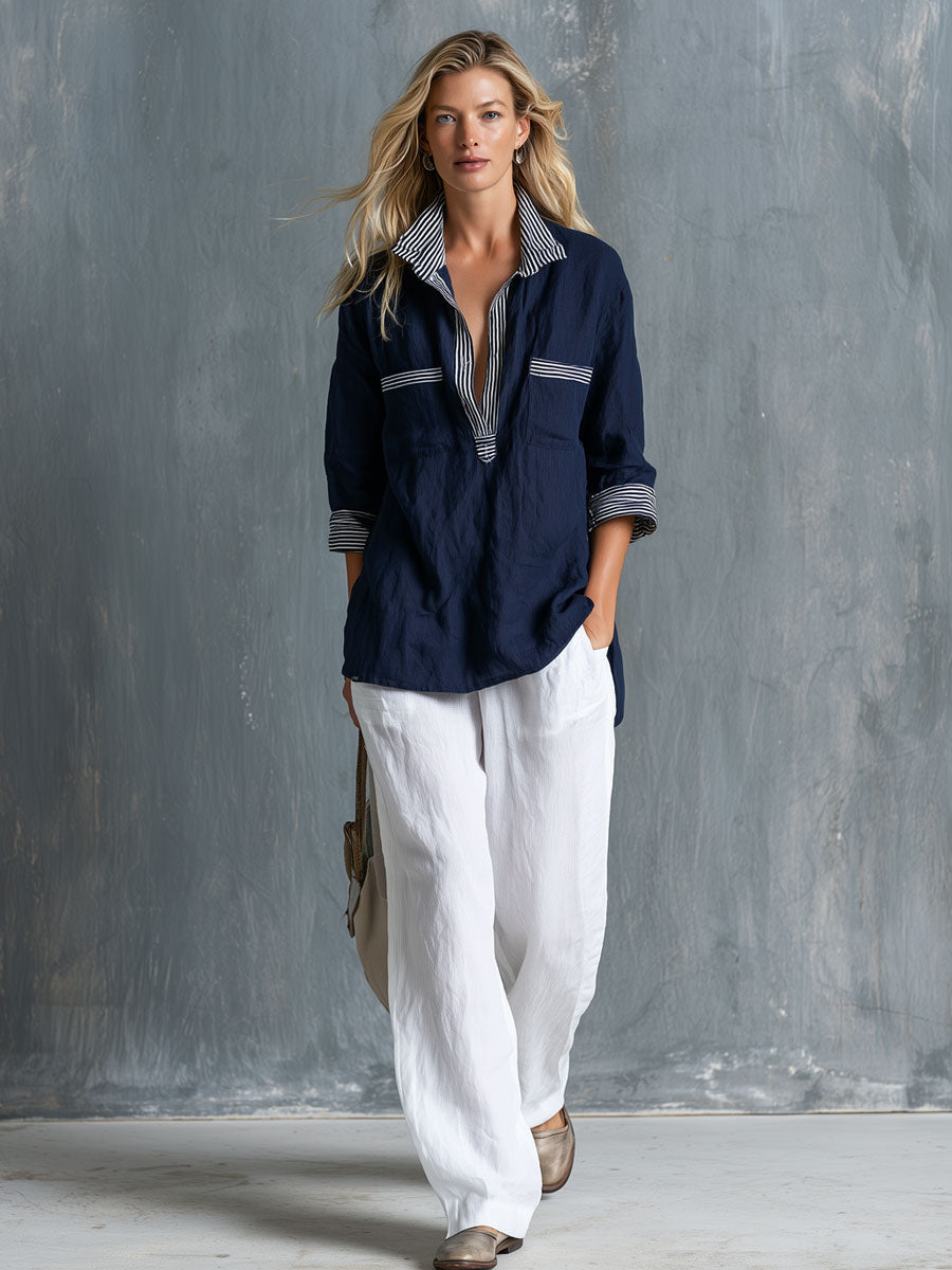 Casual Retro-style Blue Cotton-linen Shirt With Contrasting Trim And White Trousers Set