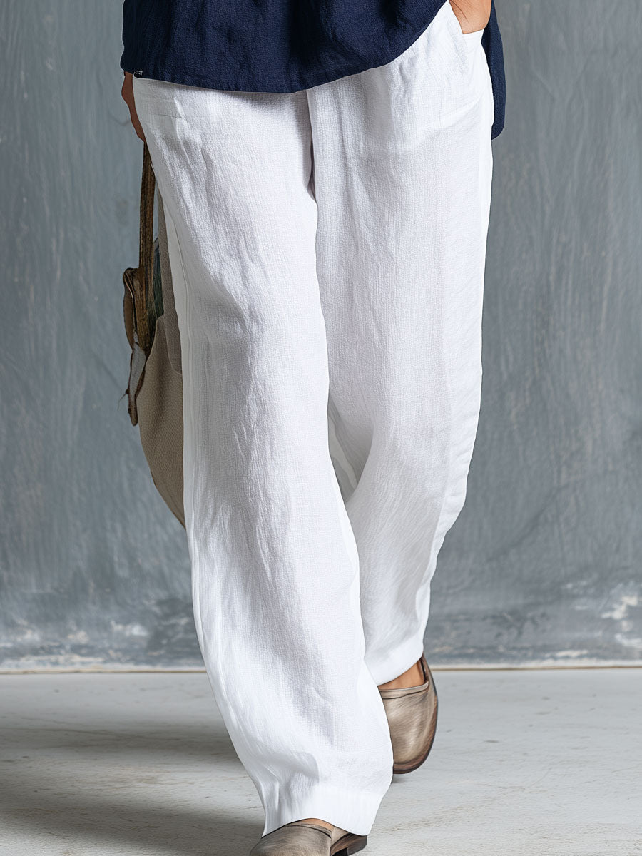 Casual Retro-style Blue Cotton-linen Shirt With Contrasting Trim And White Trousers Set